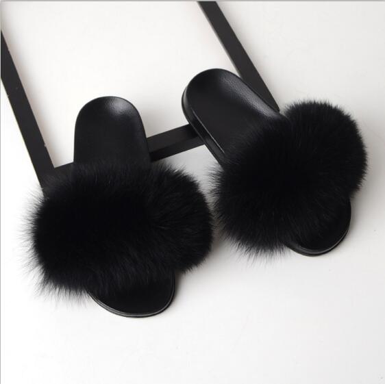 Women Flat Non-slip Solid Fox Fur Slides Real Fox hair Slides Large Size Slippers  casual slippers