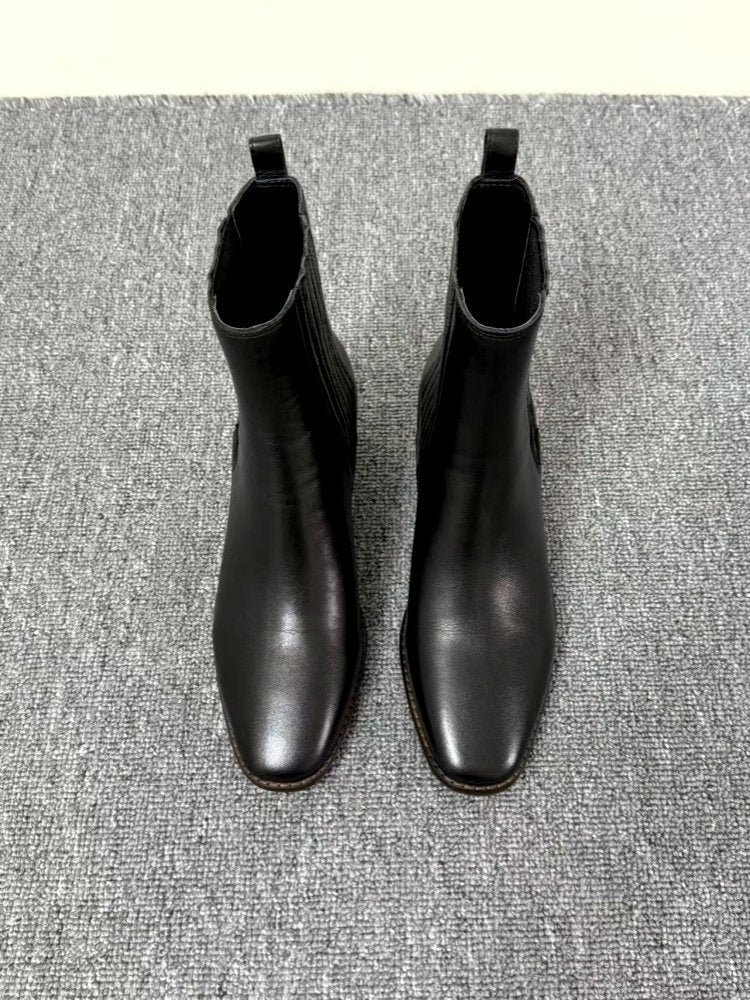 Mid-heel Chunky-heel Retro Square-toe Matte Leather Womens Boots 