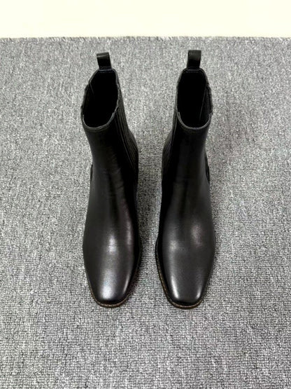 Mid-heel Chunky-heel Retro Square-toe Matte Leather Womens Boots 