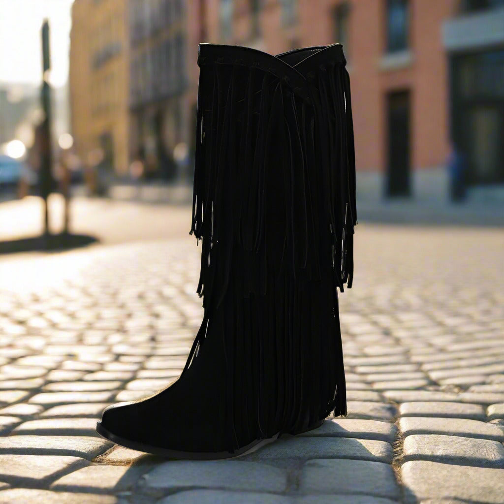 Women's High Boots Autumn And Winter Suede High Heel Tassel Boots Below The Knee  Boots