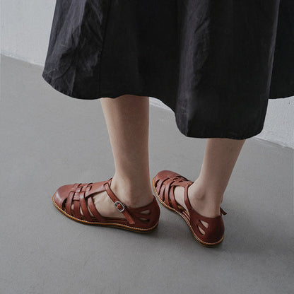 Women's Premium Washed Full Grain Leather Fisherman Sandals, Closed-Toe Woven T-Strap Flats 