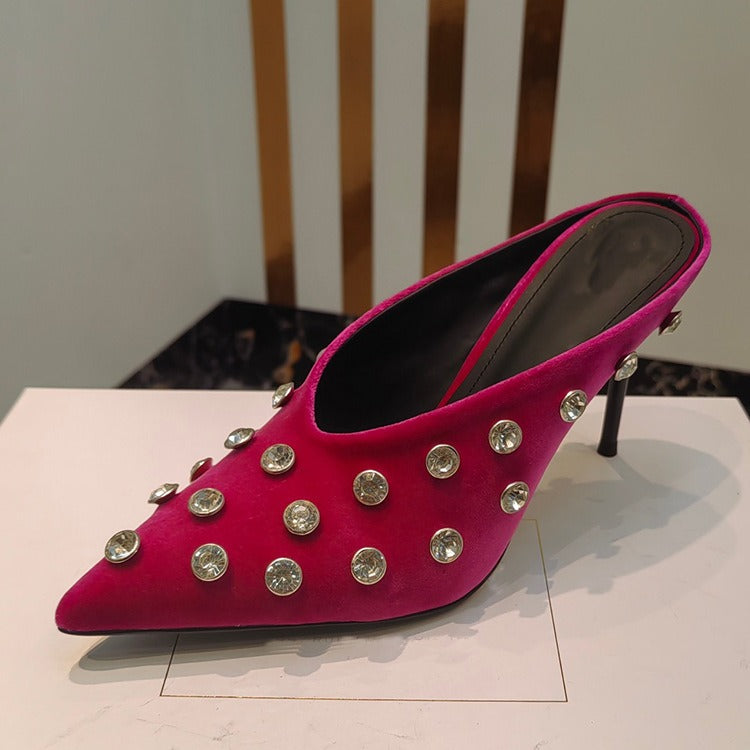 Women Crystal Embellished Mules Sexy Pointed-toe Stiletto Heels Pumps Female Slip-on Slides Ladies  casual slippers