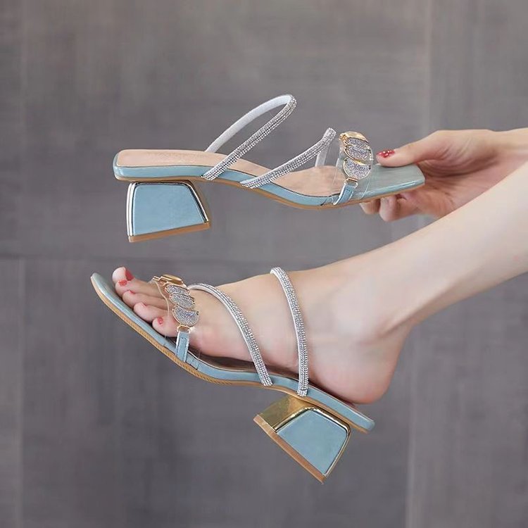 Women's Korean Style Slide Sandals Summer Outdoor Wear Chunky Heel Fashion Rhinestone Sandals 2026 New Trendy Mid Heel Single Strap Women's Shoes 