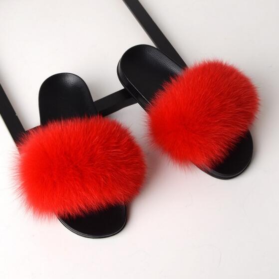 Women Flat Non-slip Solid Fox Fur Slides Real Fox hair Slides Large Size Slippers  casual slippers