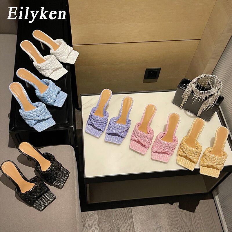 Eilyken New Summer Design Weave Square Toe Heels High Quality Slippers Gladiator Beach Womens Sandal Slides Shoes  casual slippers
