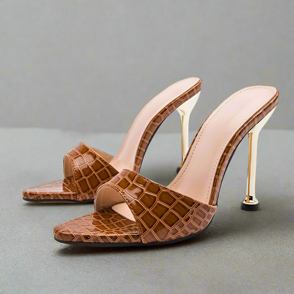 Eilyken Summer New Women Slippers Snake Print Mule High Heels Shoes Sandals Sexy Pointed Toe Metal Heel Slides Party Dress Shoes  casual slippers