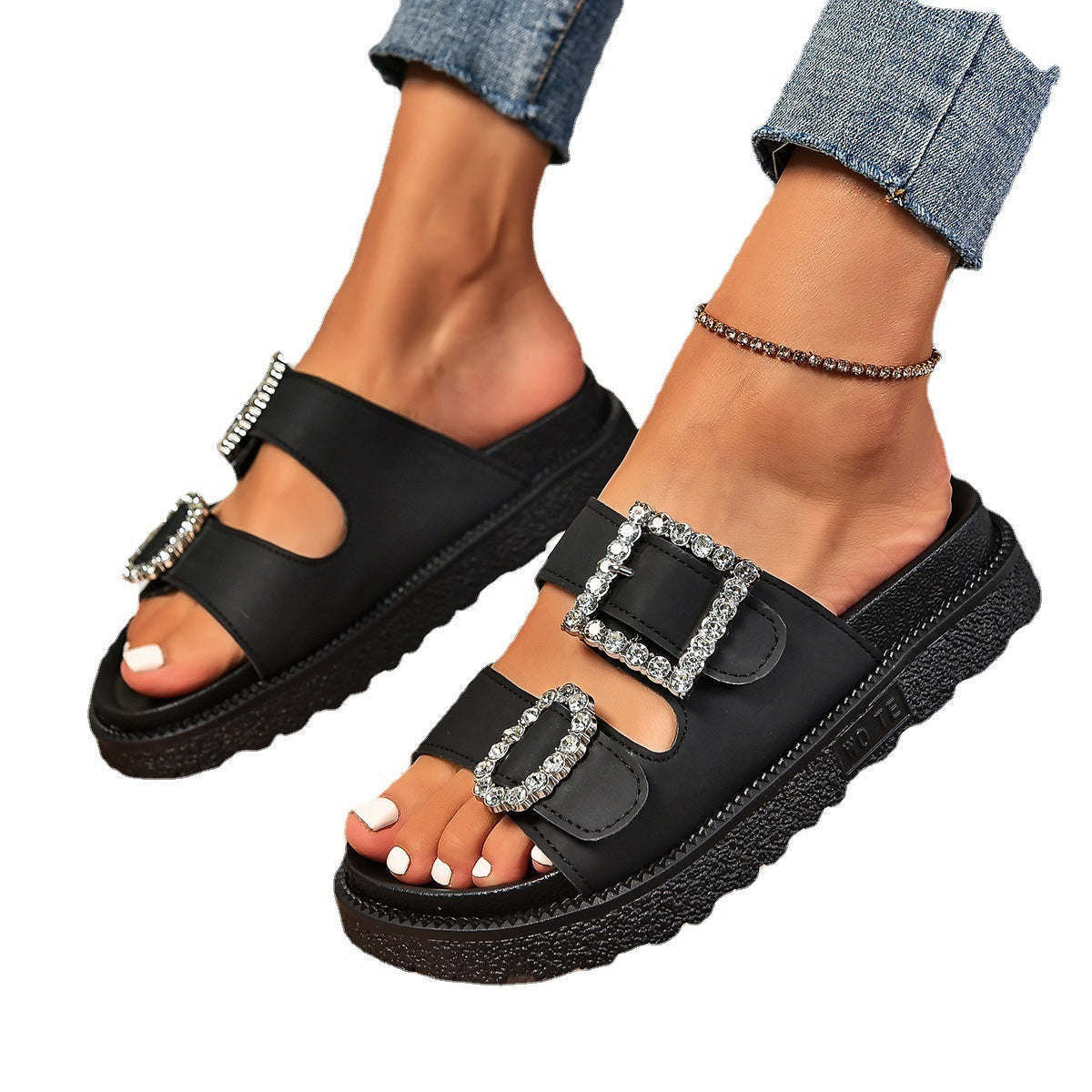 Fashion Rhinestone Belt Buckle Platform Sandals  casual slippers