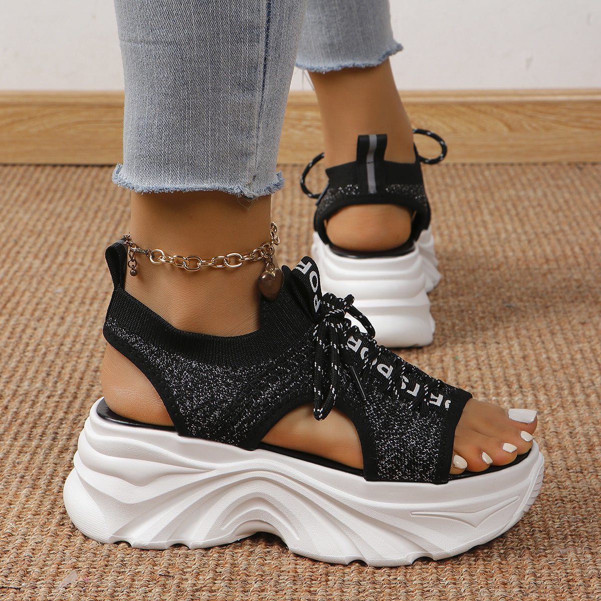 Women's Shoes Fashion Hollowed-out Mid Heel Mesh Sports Platform Sandals  casual slippers