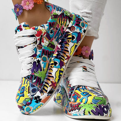 Women's Casual Round Toe Thick Sole Lace-Up Sneakers, Random Print Design, Comfortable Sporty Shoes For Daily Wear CJ US