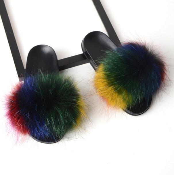 Women Flat Non-slip Solid Fox Fur Slides Real Fox hair Slides Large Size Slippers  casual slippers