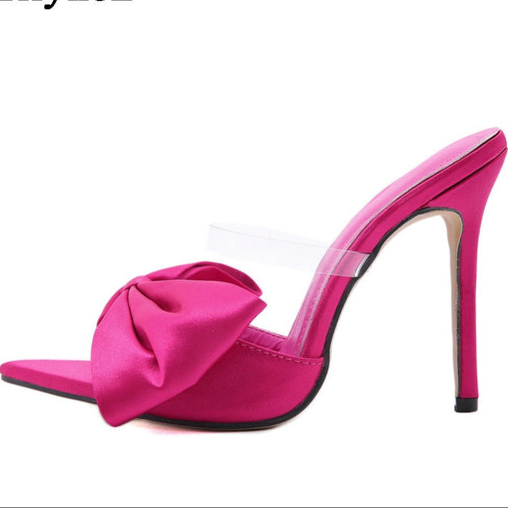 New Fashion Bowknot Women's Slippers Pointed Toe Thin High Heels Summer Elegant Dress Party Ladies Slides Pumps Shoes  casual slippers