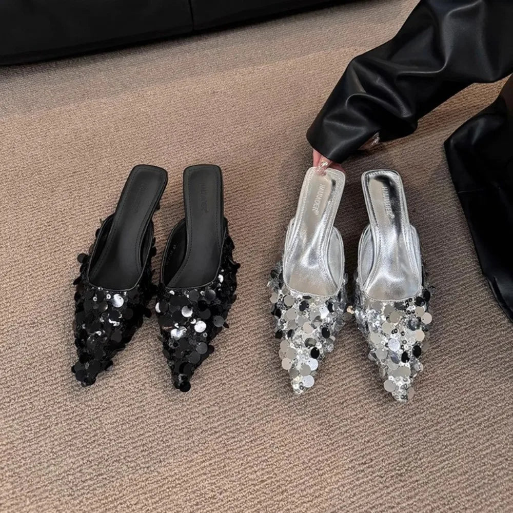 Thin Heel Bling Sexy Women Slippers Mules Shoes Dress Party Sandals Summer Flip Flops Casual Walking Mujer Zapatos Slides  casual slippers