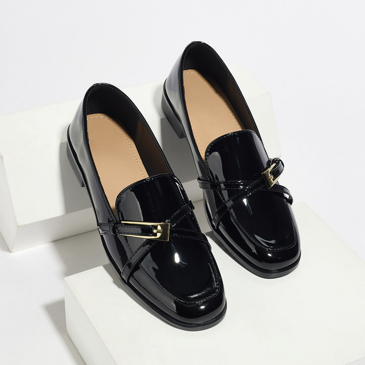 Casual All-Match Patent Leather Square Toe Leather Shoes 