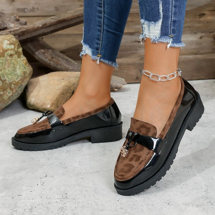 New 2025 Autumn Winter Korean Style Mid-Heel Retro Leopard Print Buckle Loafers, Lightweight Height-Increasing Non-Slip Casual Shoes 