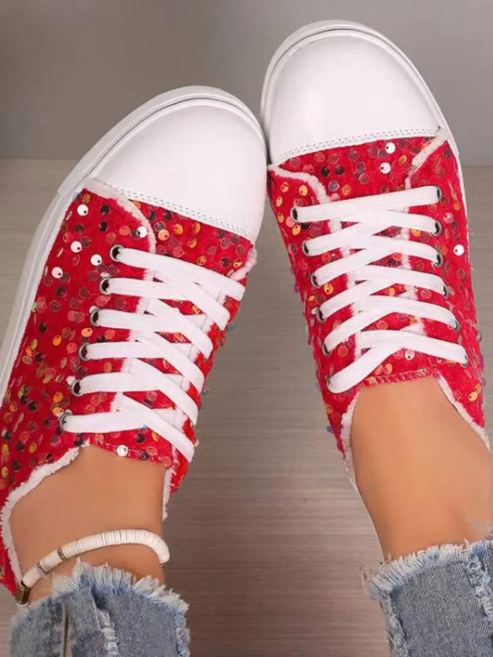Sequin Round Toe Flat Sneakers  Sneakers