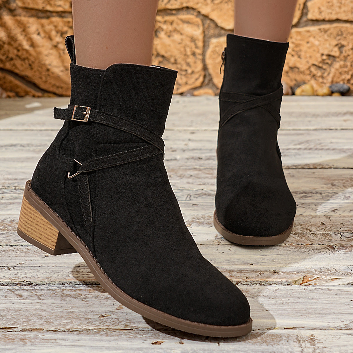 Cross-Strap Side-Zipper Mid-Heel Ankle Boots Women 