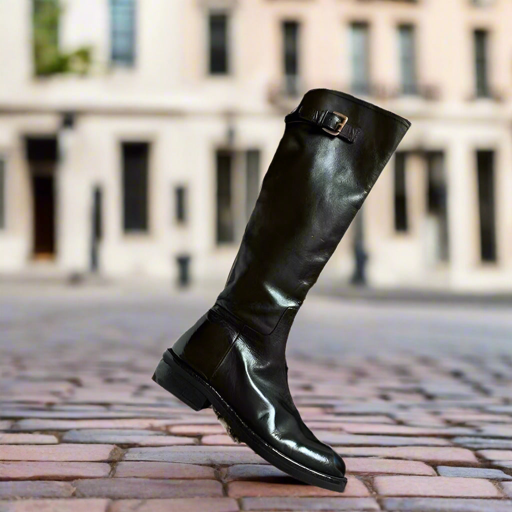 Washed Horse Leather Belt Buckle Thick Bottom Thigh High Boots Women  Boots
