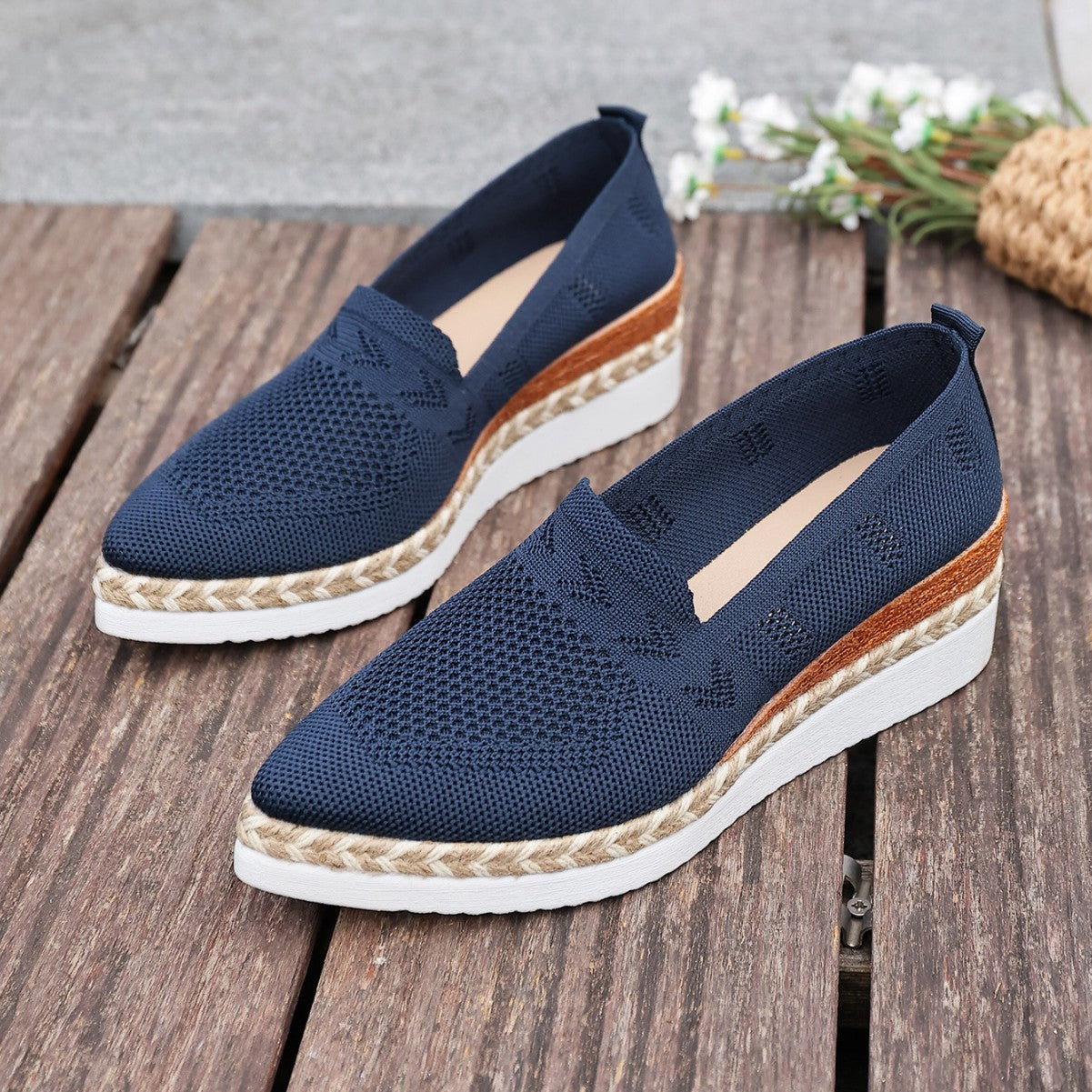 Woven Hemp Rope Platform Shallow Breathable Snakeskin Pointed Toe Women's Flats 
