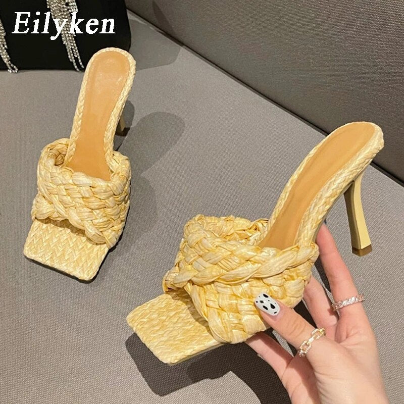 Eilyken New Summer Design Weave Square Toe Heels High Quality Slippers Gladiator Beach Womens Sandal Slides Shoes  casual slippers