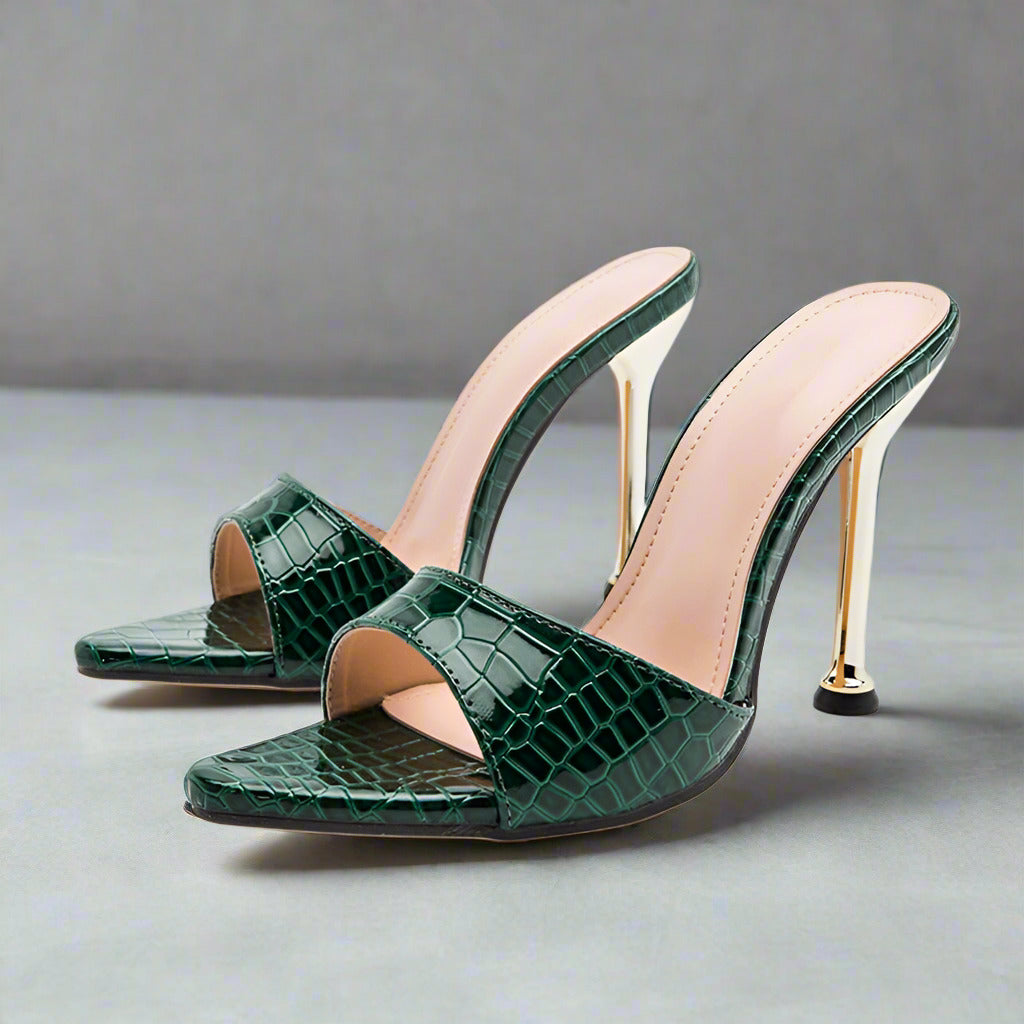 Eilyken Summer New Women Slippers Snake Print Mule High Heels Shoes Sandals Sexy Pointed Toe Metal Heel Slides Party Dress Shoes  casual slippers