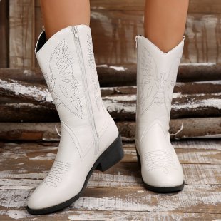 Female Mid-calf Length Solid Color Pointed Chunky Heel Martin Boots  Boots
