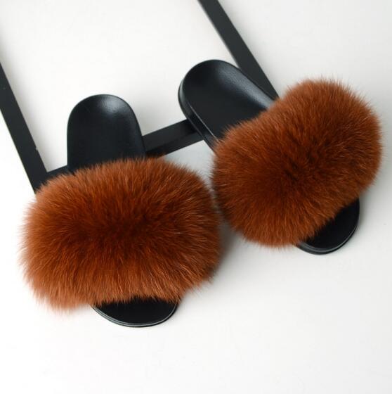 Women Flat Non-slip Solid Fox Fur Slides Real Fox hair Slides Large Size Slippers  casual slippers