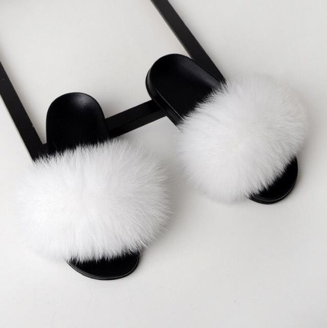 Women Flat Non-slip Solid Fox Fur Slides Real Fox hair Slides Large Size Slippers  casual slippers