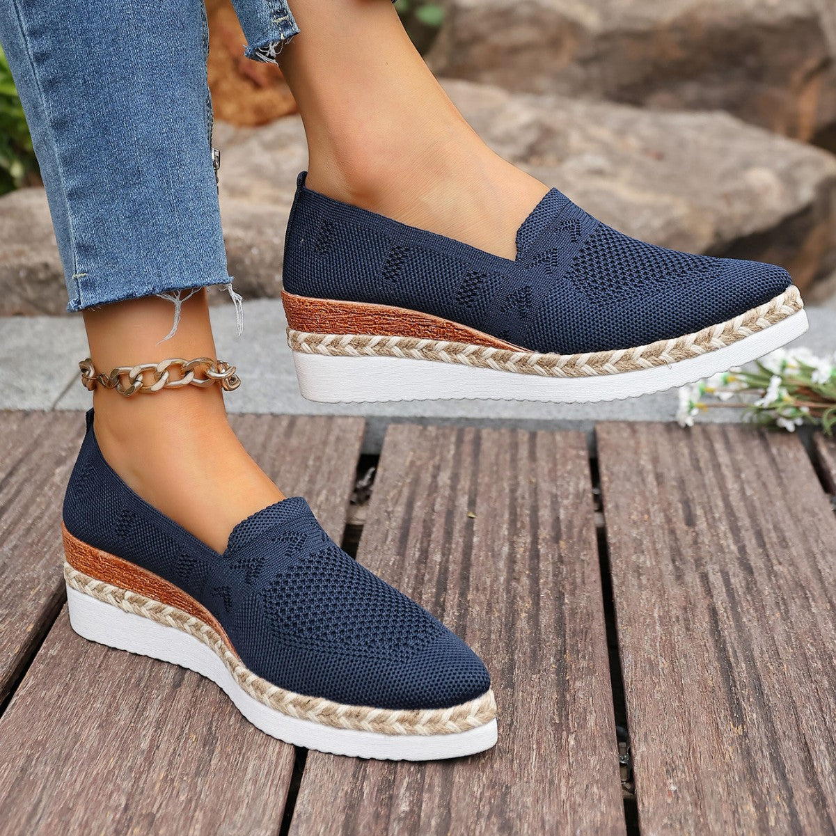 Woven Hemp Rope Platform Shallow Breathable Snakeskin Pointed Toe Women's Flats 