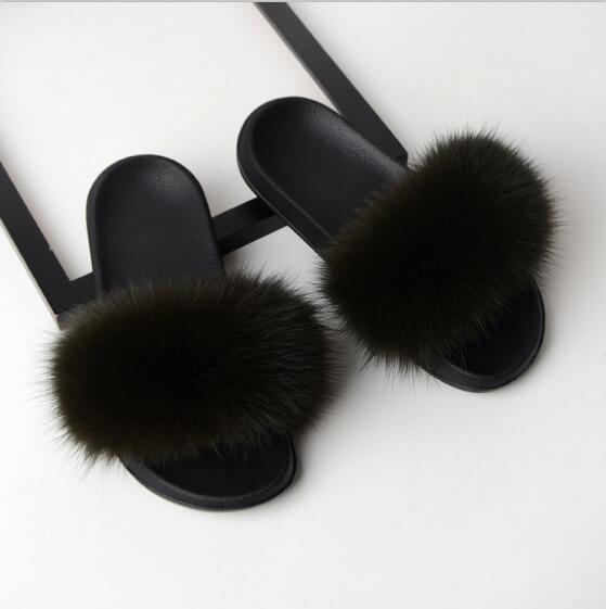 Women Flat Non-slip Solid Fox Fur Slides Real Fox hair Slides Large Size Slippers  casual slippers