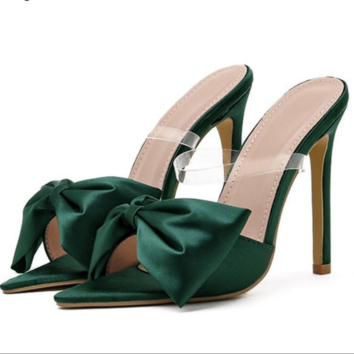 New Fashion Bowknot Women's Slippers Pointed Toe Thin High Heels Summer Elegant Dress Party Ladies Slides Pumps Shoes  casual slippers