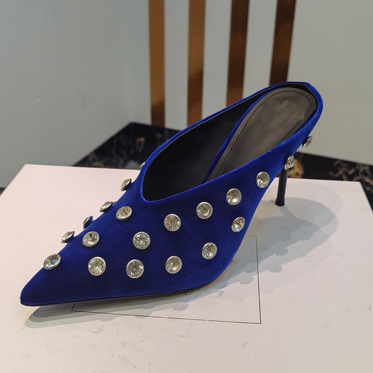 Women Crystal Embellished Mules Sexy Pointed-toe Stiletto Heels Pumps Female Slip-on Slides Ladies  casual slippers