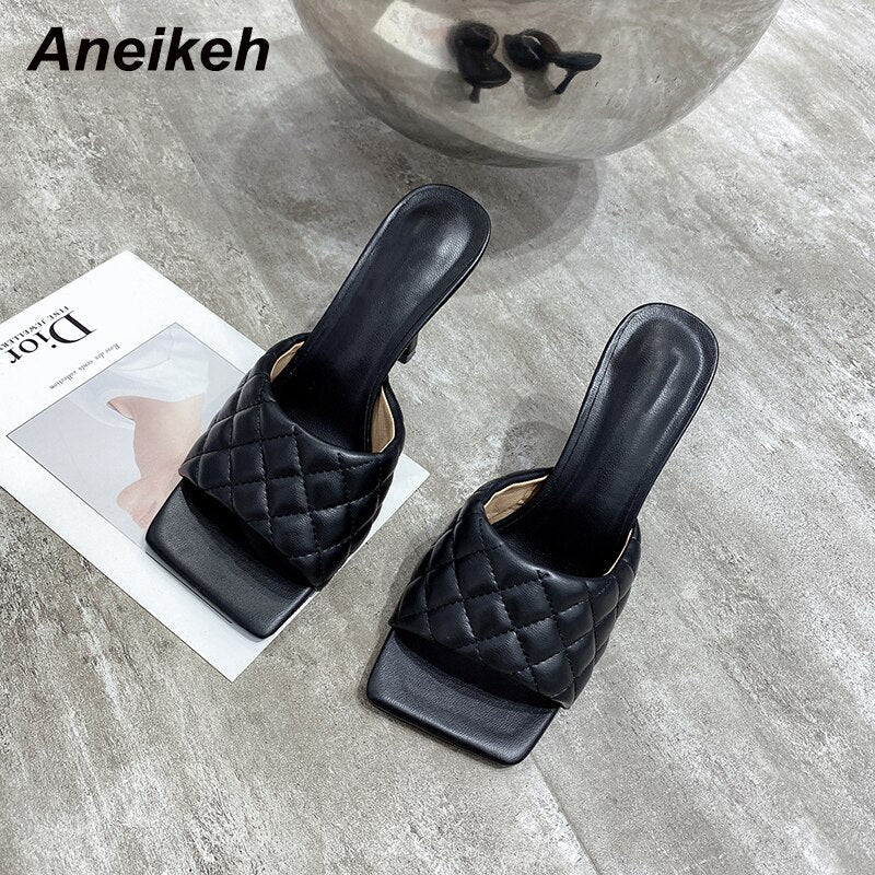 Aneikeh NEW Sexy PU Diamond Square Head Peep Toe Thin High Heels Slippers Summer Fashion Slip On Slides Women Mules Party Shoes  casual slippers