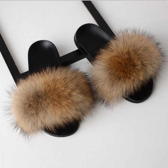 Women Flat Non-slip Solid Fox Fur Slides Real Fox hair Slides Large Size Slippers  casual slippers
