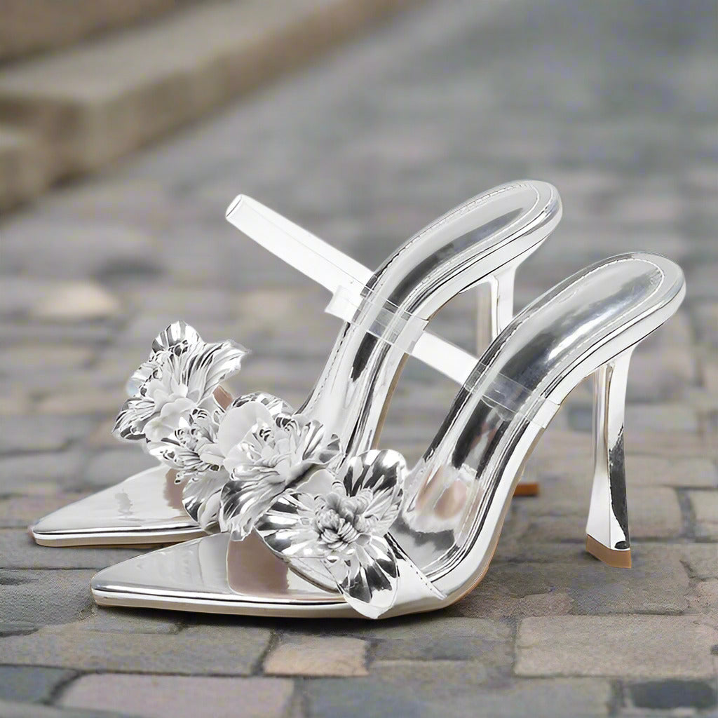 Eilyken Summer PVC Transparent Flower Sexy Pointed Toes Thin Heels Slippers Woman Dress Party Mules Slides Shoes Zapatos De Muje  casual slippers