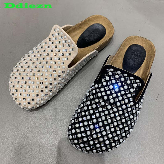 Mules Slippers Women Casual Summer Slides Rhinestones Female Shoes Ladies Outside Round Toe Flats  casual slippers