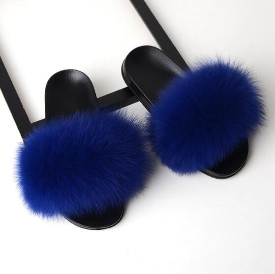 Women Flat Non-slip Solid Fox Fur Slides Real Fox hair Slides Large Size Slippers  casual slippers