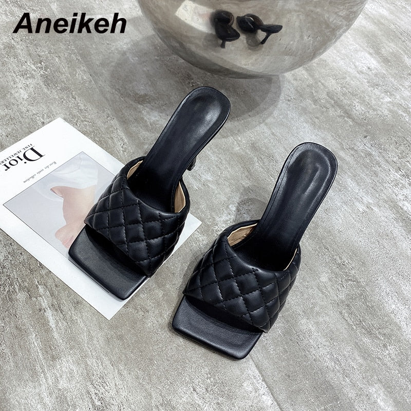 Aneikeh NEW Sexy PU Diamond Square Head Peep Toe Thin High Heels Slippers Summer Fashion Slip On Slides Women Mules Party Shoes  casual slippers