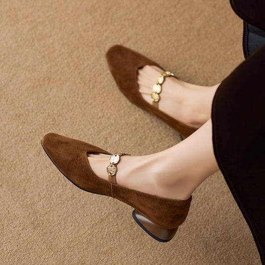 French Retro Square Toe Low-cut Suede Pumps Women's Autumn New