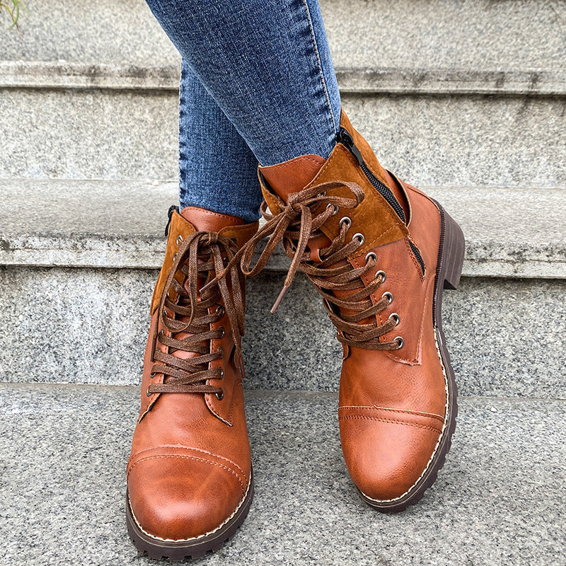 Couple Round Toe Martin Boots Chunky Heel Lace-up  Boots