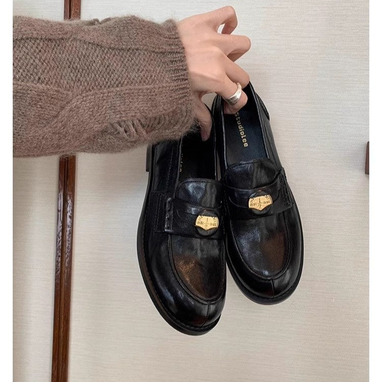 Round-toe Small Gold Coin Loafers British-style Leather Slip-ons 