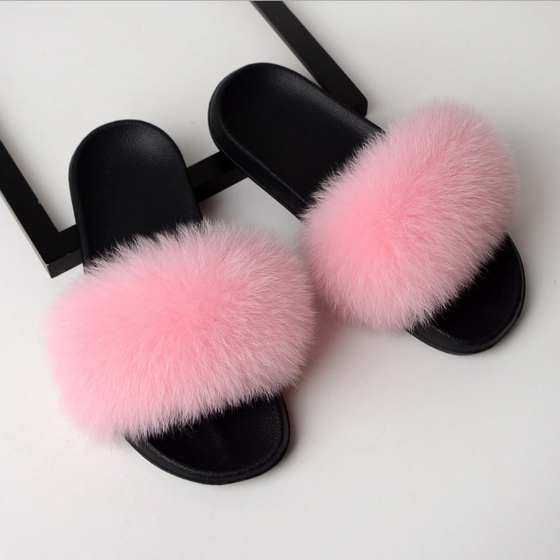 Women Flat Non-slip Solid Fox Fur Slides Real Fox hair Slides Large Size Slippers  casual slippers