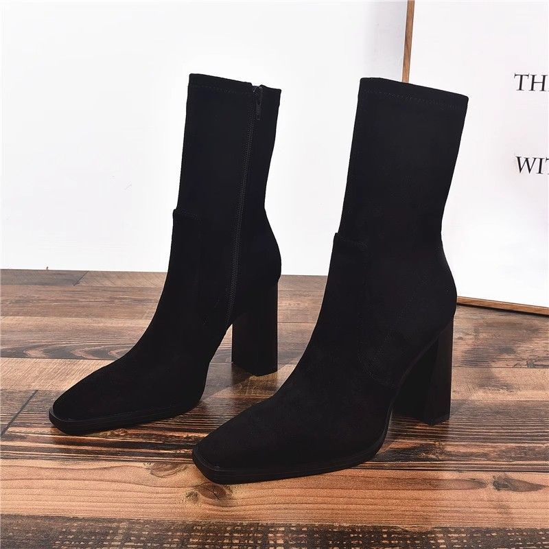 New Square Toe Fleece-lined New Chunky Heel French Boots 