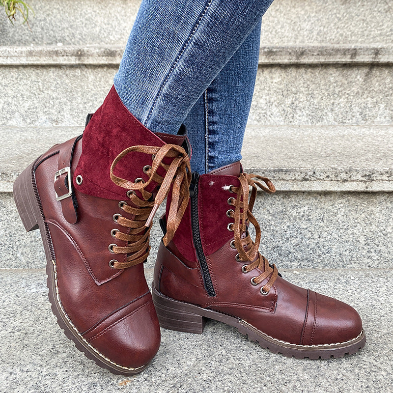 Couple Round Toe Martin Boots Chunky Heel Lace-up  Boots