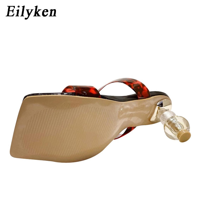 Summer Square Toe Ladies Slippers PVC Transparent Crystal Strange Style Clear Heel Women Leopard Grain Slides  casual slippers
