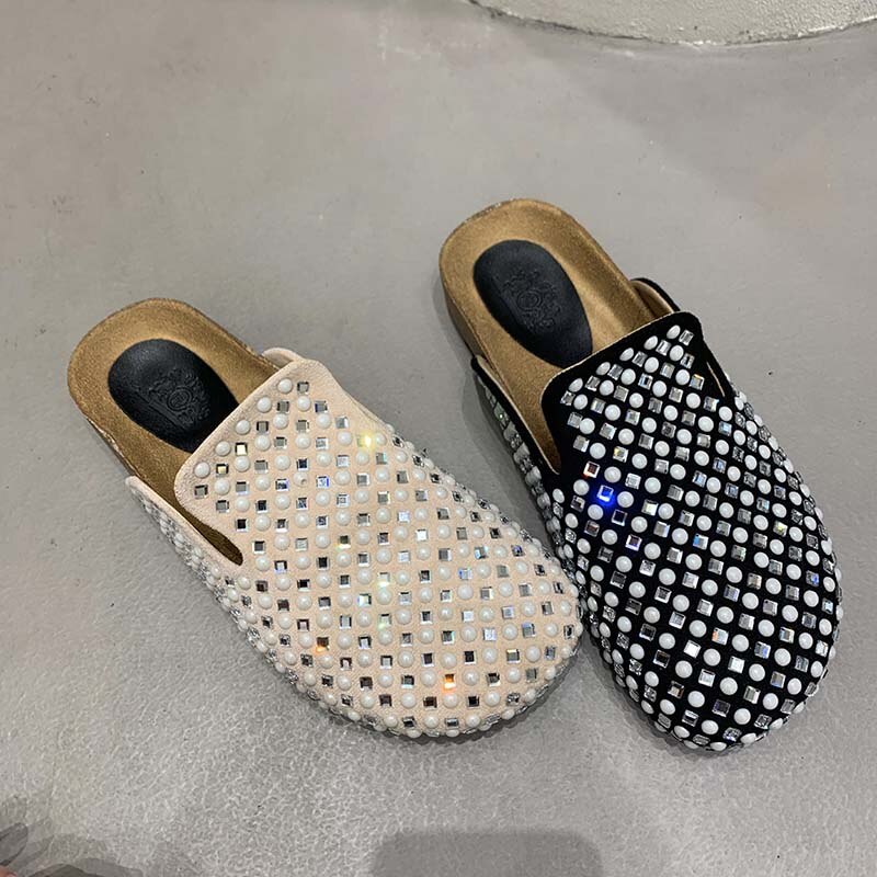 Mules Slippers Women Casual Summer Slides Rhinestones Female Shoes Ladies Outside Round Toe Flats  casual slippers