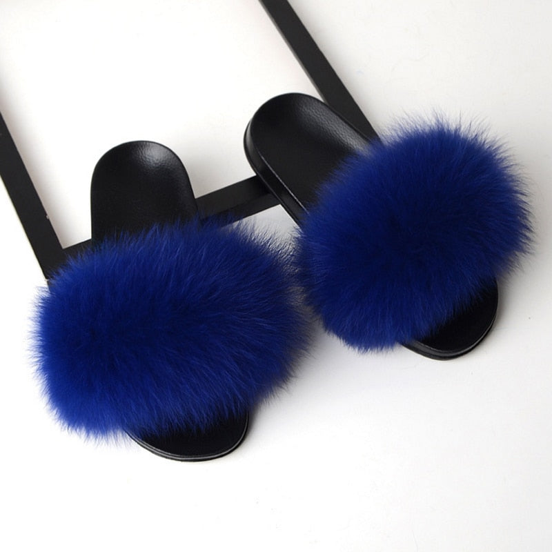 Women Flat Non-slip Solid Fox Fur Slides Real Fox hair Slides Large Size Slippers  casual slippers