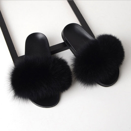 Women Flat Non-slip Solid Fox Fur Slides Real Fox hair Slides Large Size Slippers  casual slippers