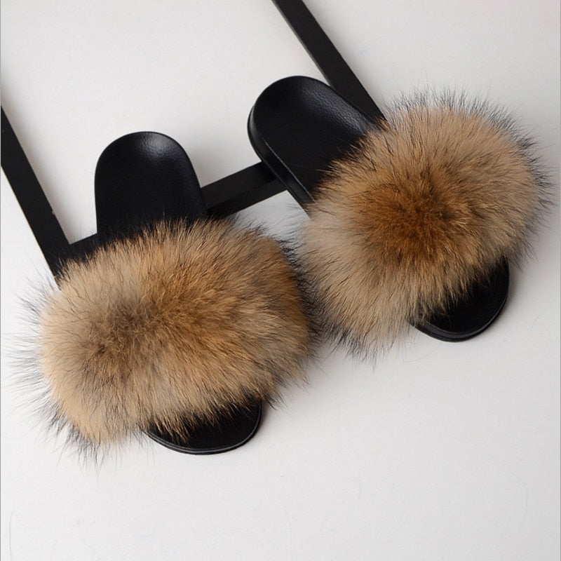 Women Flat Non-slip Solid Fox Fur Slides Real Fox hair Slides Large Size Slippers  casual slippers