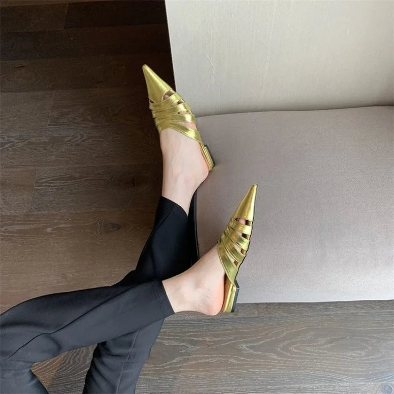 Pointed Toe Women Slides Slippers Black Gold Silver White Casual Outside Flat Slippers Hollow Dress Shoes Summer Slip On Pumps  casual slippers