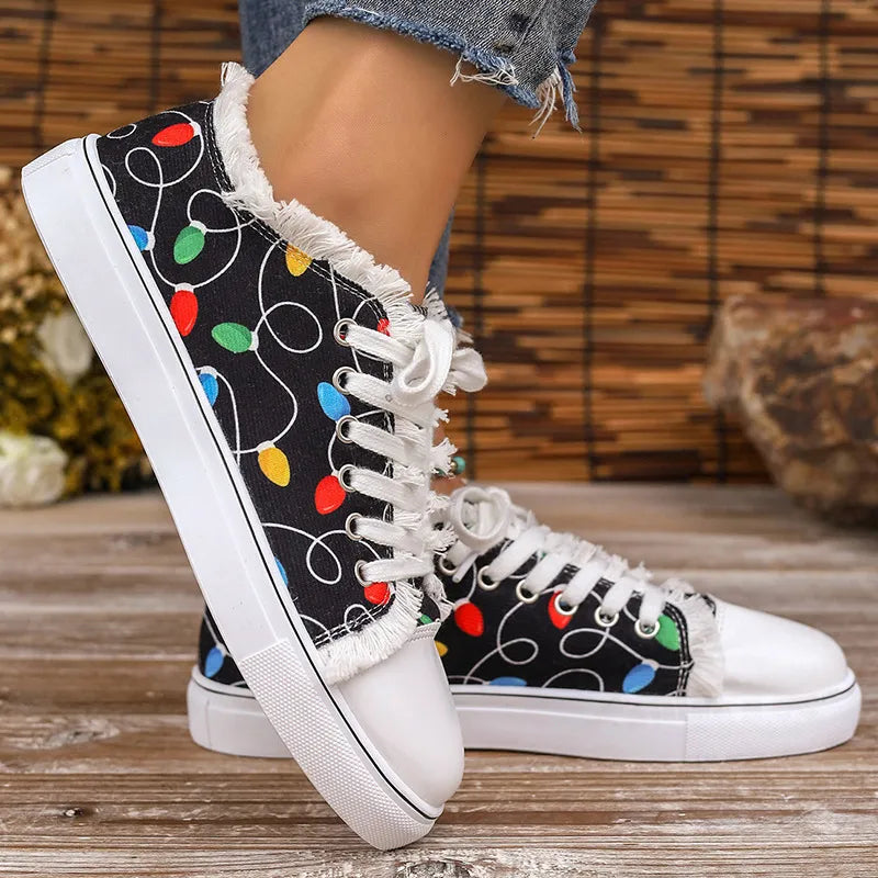 Raw Hem Printed Round Toe Sneakers  Sneakers